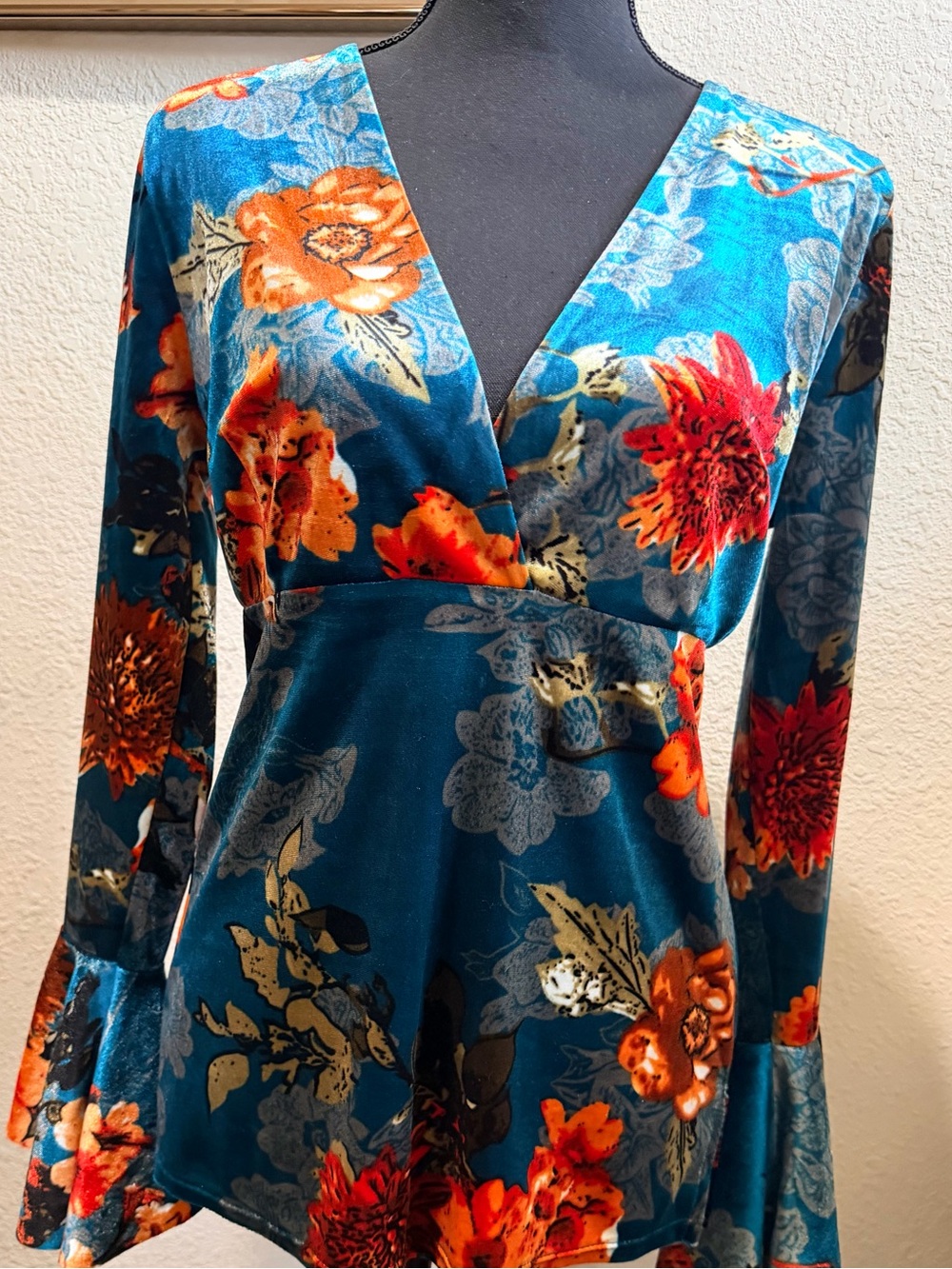 New Teal Floral Velvet Wrap top - Women's